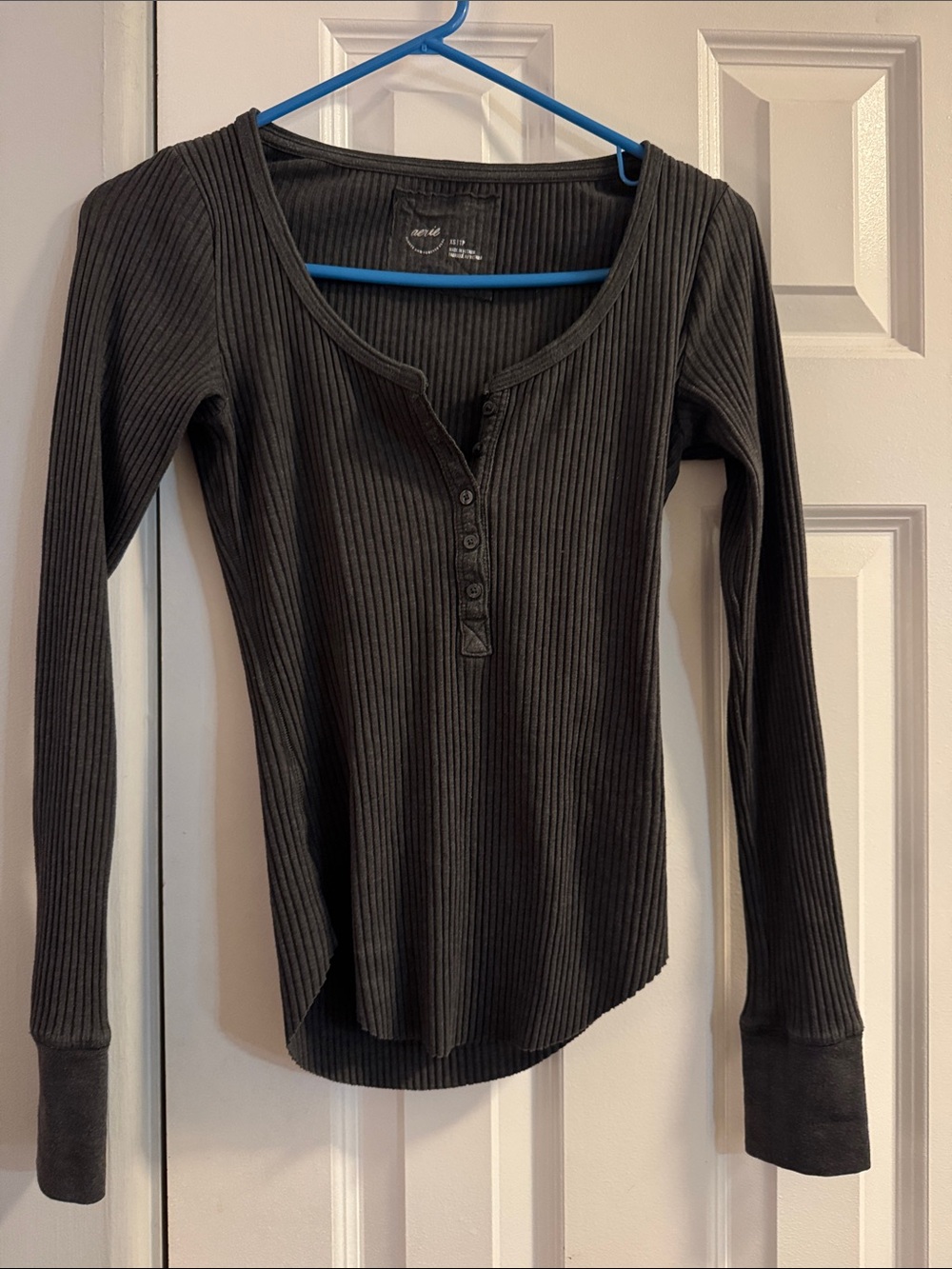 aerie Charcoal Ribbed Henley Long Sleeve Top